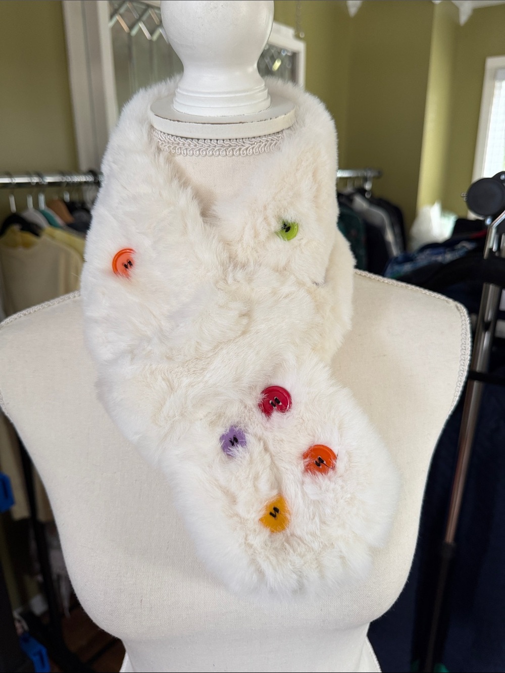 Fuzzy Scarf Decorative Button Faux Fur Loop Closure